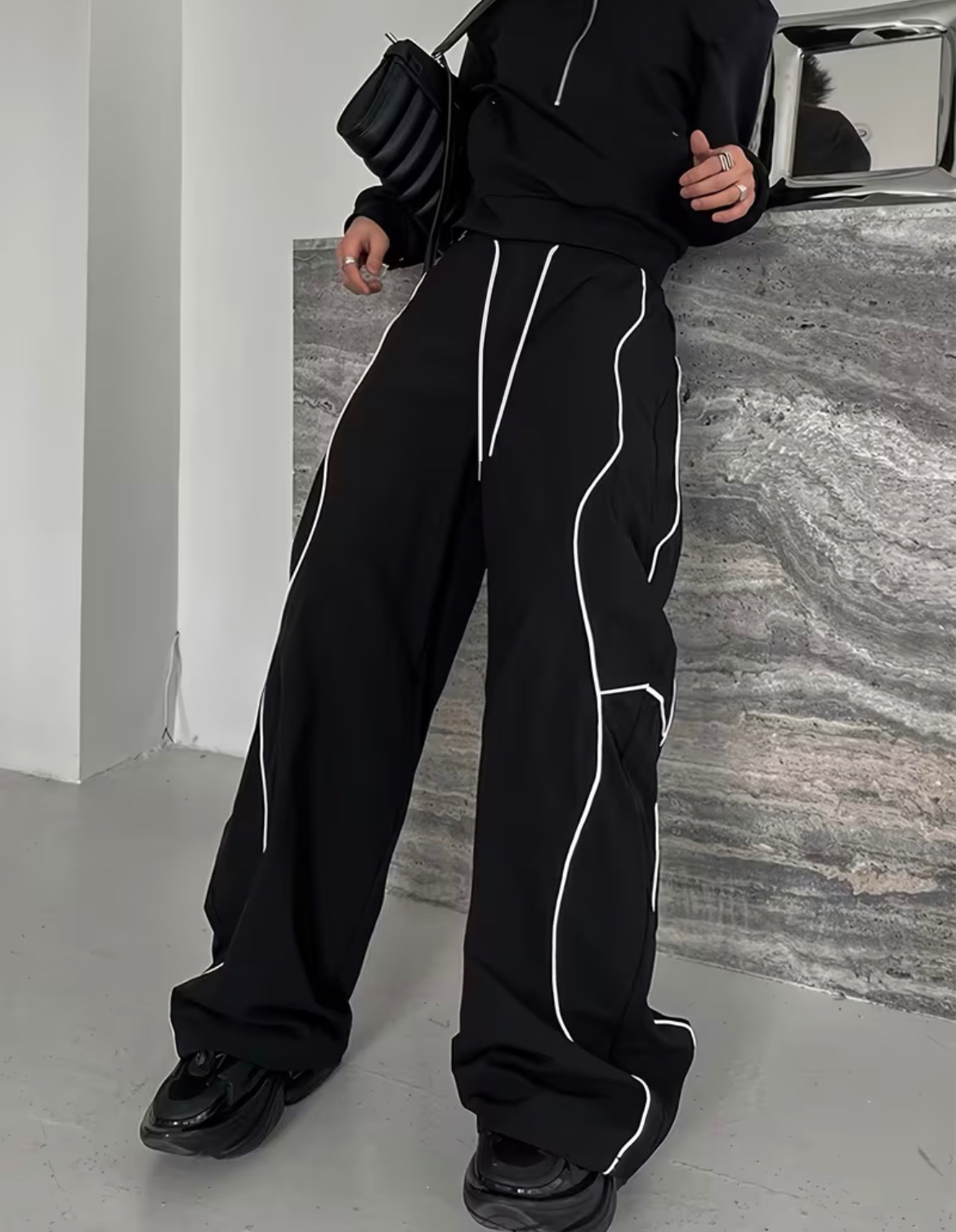 American trendy street casual trousers men's heavy line contrast design spring s